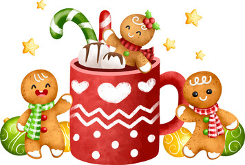 Obraz na płótnie Canvas Watercolor Illustration Gingerbread and Christmas drink with Christmas ornaments