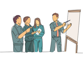 One single line drawing of young happy manager giving presentation about increasing product sales to his team at the office. Group meeting concept continuous line draw design vector illustration
