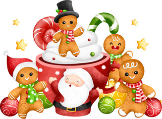 Watercolor Illustration Gingerbread and Christmas drink with Christmas ornaments