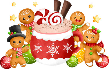 Watercolor Illustration Gingerbread and Christmas drink with Christmas ornaments