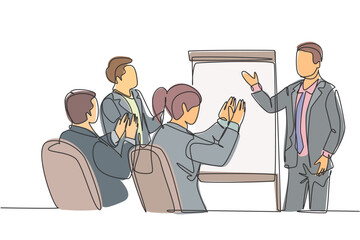 Single continuous line drawing of young happy startup founder presenting business proposal to the investors and get applause. Business pitching concept one line draw design graphic vector illustration - obrazy, fototapety, plakaty