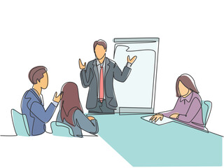 One single line drawing of young businessman giving business coaching to class members at the office. Group training and meeting concept continuous line draw design vector illustration graphic - obrazy, fototapety, plakaty
