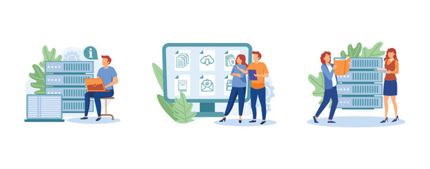 Information collection and analysis. Management information system, document management soft, big data job, sharing online. set flat vector modern illustration © Alwie99d