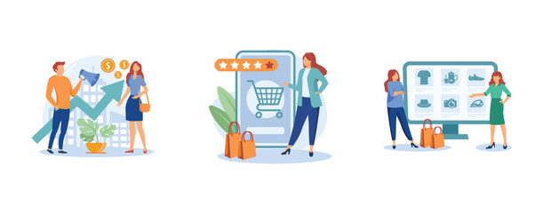 Marketing and sales. Upselling and clienting, webrooming and digital goods research, customer motivation, client loyalty. set flat vector modern illustration