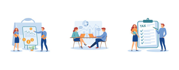 Financial information. Accounting, consulting, tax form, tax filing, audit service, online application software. set flat vector modern illustration