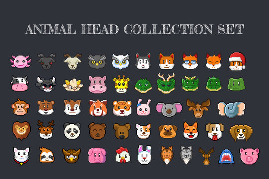 animals head collection set in pixel art style