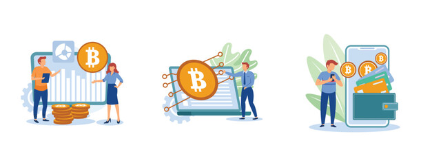 Digital money. Cryptocurrency market, digital currency, electronic wallet, e-money transfer, payment technology, banking tool. set flat vector modern illustration