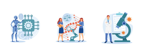 Fototapeta premium Biological science. Cybernetics and bioethics, microbiological technology, robotic industry, medical ethics and biotech research. set flat vector modern illustration