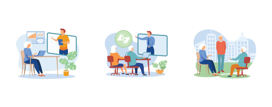 Senior community and education. Online learning for seniors, sign language classes, communities for older people, free course. set flat vector modern illustration