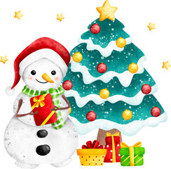 Watercolor Illustration Snowman and Christmas tree with Christmas ornaments