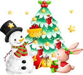 Watercolor Illustration Snowman and Christmas tree with Christmas ornaments