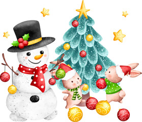 Watercolor Illustration Snowman and Christmas tree with Christmas ornaments