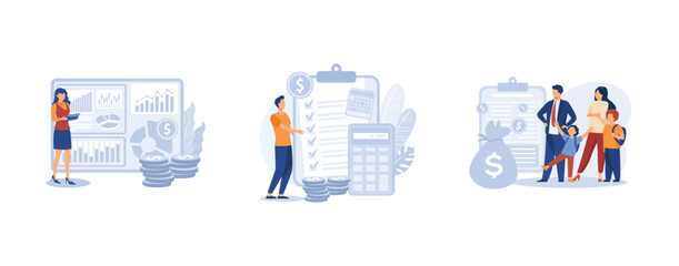 Money management. Financial adviser, budget planning, family benefit, investment, financial plan, tax strategy, piggy bank. set flat vector modern illustration