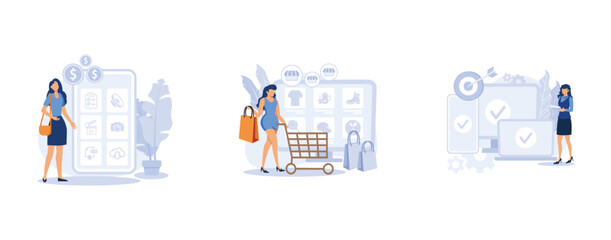Online retail. Niche service marketplace, app monetization, multi-device targeting, buy and sell products, startup launch. set flat vector modern illustration - obrazy, fototapety, plakaty