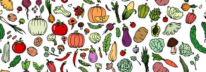 Delicious vegetables. Garden fruits. Edible food plants. Hand drawn outline. Isolated on white background. Seamless pattern. Vector