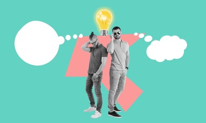 Colleagues think idea with light bulb on color background