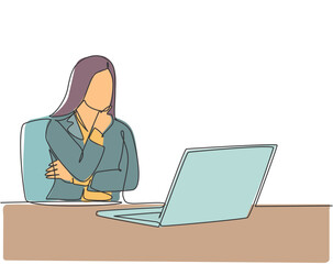 Single continuous line drawing of young female startup founder siting in front of computer thinking sales strategy to her company. Marketing strategy concept one line draw design vector illustration