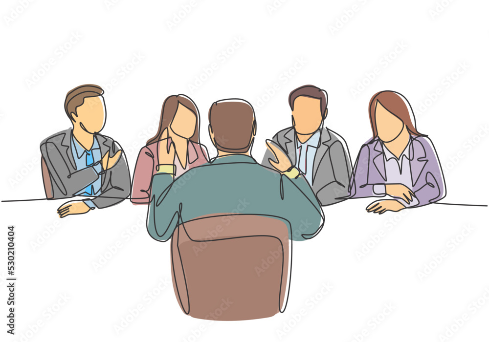 Aufkleber one single line drawing of young interviewee being interviewed by some company managers for job vaca