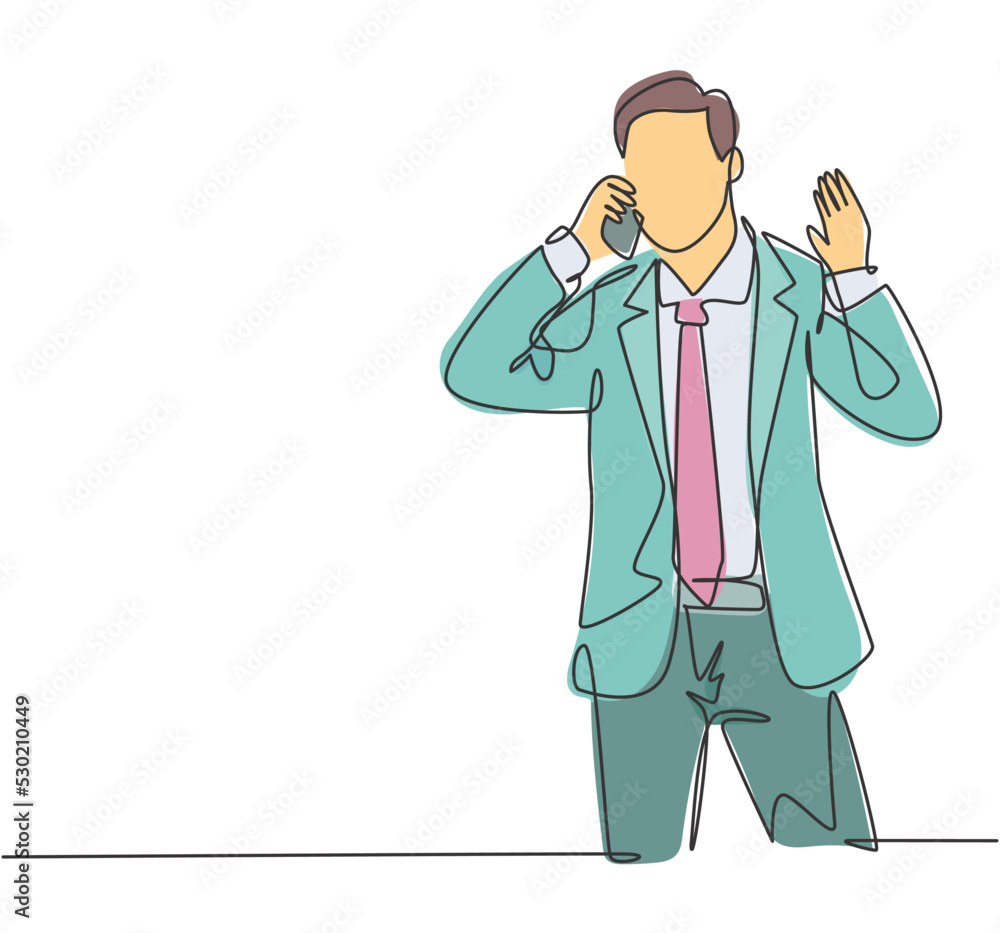 Poster one continuous line drawing of young manager calling his staff using smartphone to ask finalizing co