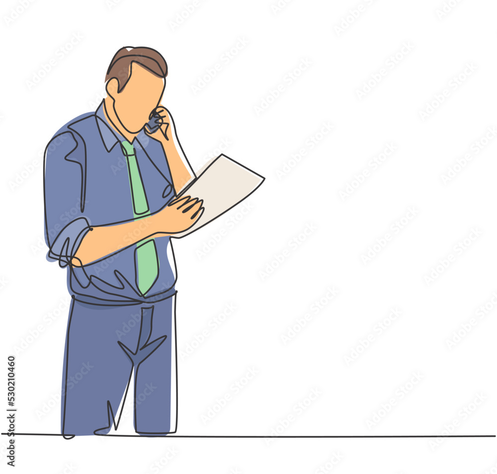 Poster one single line drawing of young manager call recruitment manager with cellphone and ask application