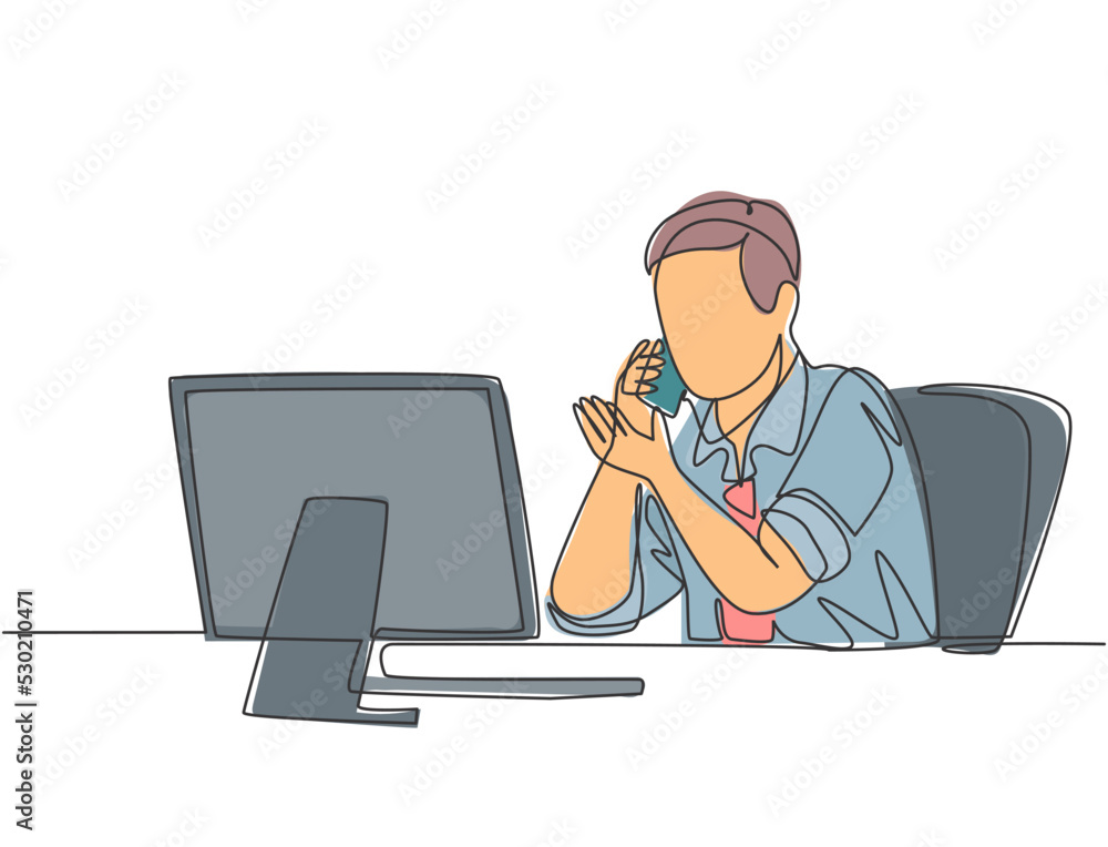Poster one continuous line drawing of young furious business man pointing finger while calling staff on pho