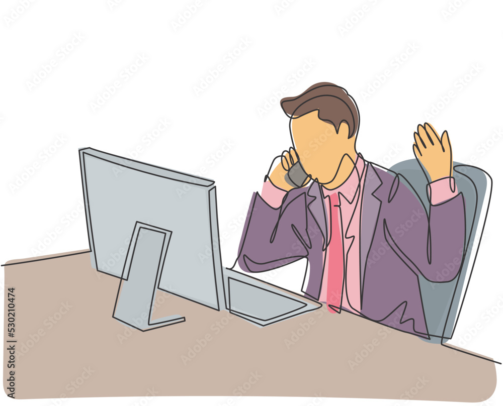 Aufkleber one continuous line drawing of young male employee get call from his manager and asking to explain s