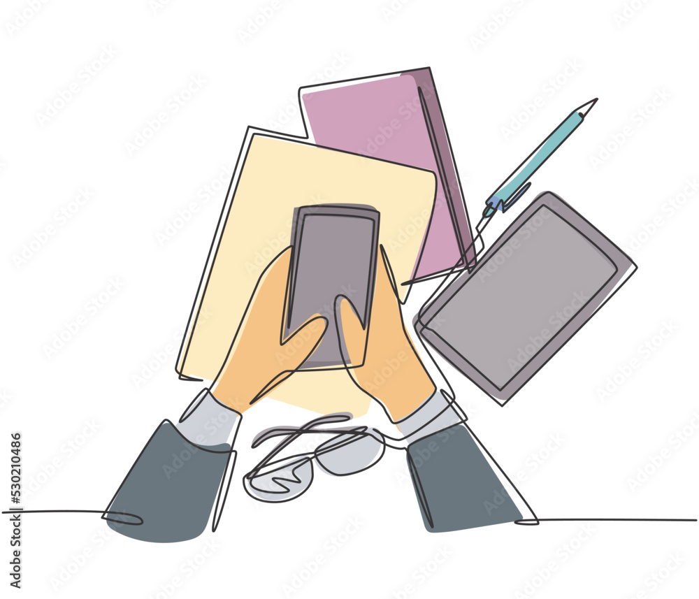 Poster one single line drawing of gesture finger hand holding smartphone device with stack of books and gla