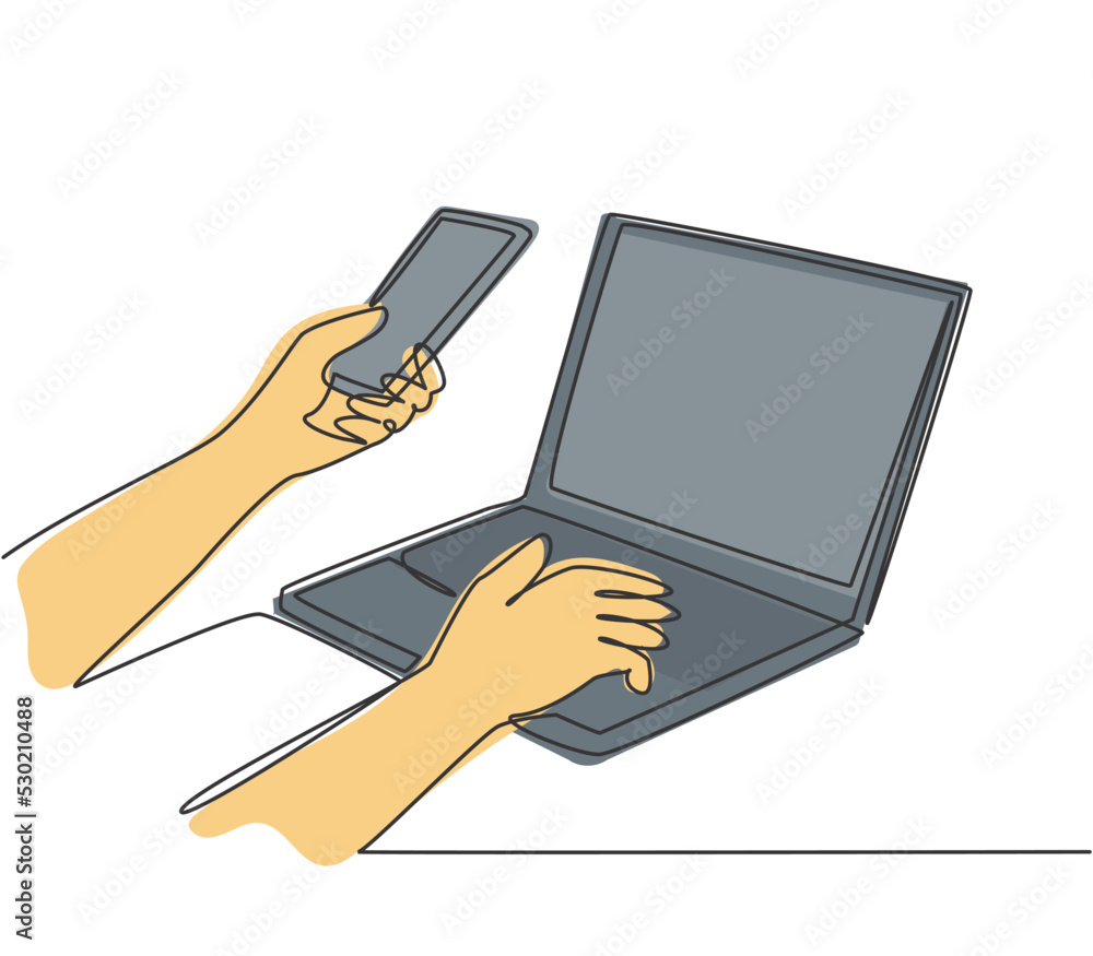 Poster one continuous line drawing of hand gesture holding smartphone to input generate code message before
