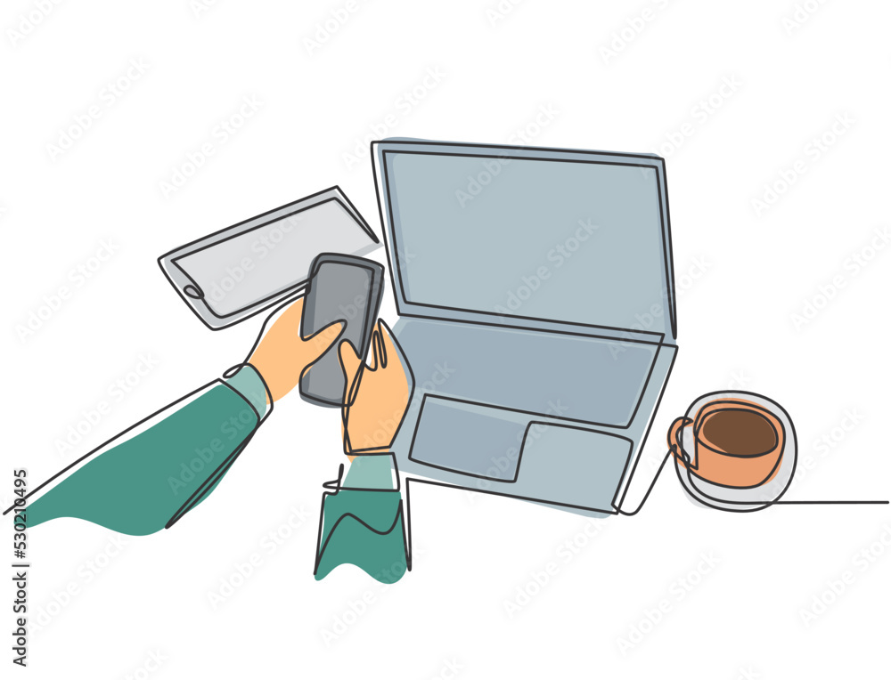Poster single continuous line drawing of hand gestures holding and touching smartphone screen with a cup of