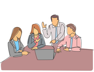 One single line drawing of young happy startup workers facing laptop computer to listen the CEO presenting business plan. Business meeting concept continuous line draw design vector illustration
