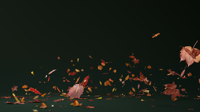 Dark Green Seasonal Background with Falling Autumn Leaves. Natural Banner with copy-space.