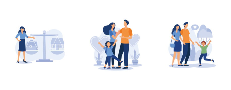 Happy Family. Balancing Work And Family, Parental Responsibility, Caring Adoptive Fathers, Social Roles, Foster Care. Set Flat Vector Modern Illustration