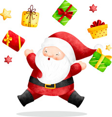 Watercolor Illustration Santa Claus and Christmas gift