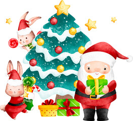 Watercolor Illustration Santa Claus and Christmas tree