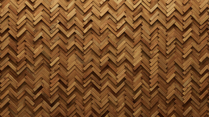 Herringbone, 3D Mosaic Tiles arranged in the shape of a wall. Natural, Soft sheen, Blocks stacked to create a Wood block background. 3D Render