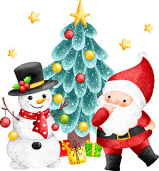 Watercolor Illustration Santa Claus and Christmas tree