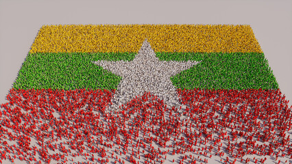 Burmese Flag formed from a Crowd of People. Banner of Myanmar on White.