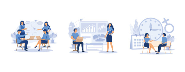 workers are sitting at the negotiating table, office workers are studying the infographic, app for tracking menstrual cycle and ovulation, set flat vector modern illustration
