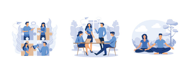people connecting puzzle elements social networks, vector team thinking and brainstorming,yoga health benefits of the body, set flat vector modern illustration