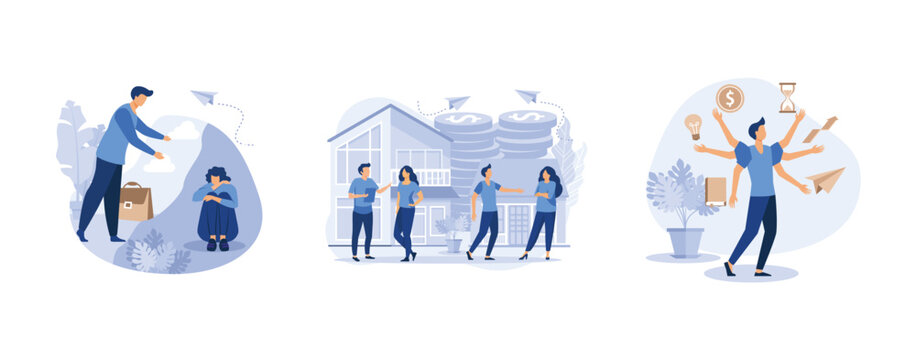 concept of support for those under stress, real estate business concept with houses,virtual business assistant, set flat vector modern illustration