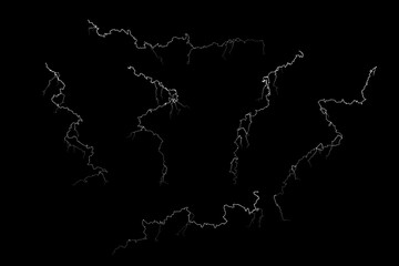 Thunderstorm and lightning, Lightning bolts realistic electricity discharge isolated on black background.white thunderbolt flare. Stormy weather symbol design element, light and shine,3d illustration