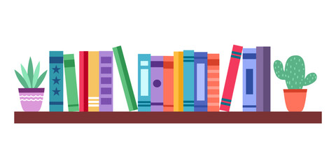 Books and plants on bookshelf in flat design on white background.