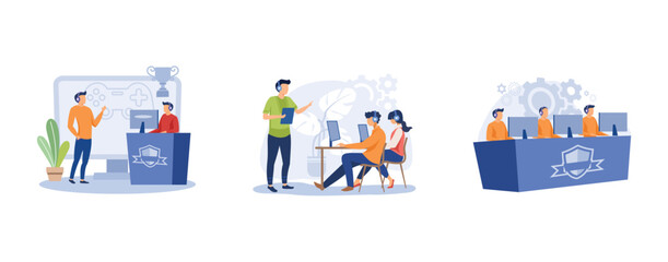 Video games. Esports coaching, player training, cybersport team, computer club, battle arena, e-games tournament. set flat vector modern illustration © Alwie99d