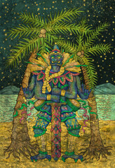 Colorful fantasy textured illustration with Thailand demon and mythology creature against palms and seashore at night