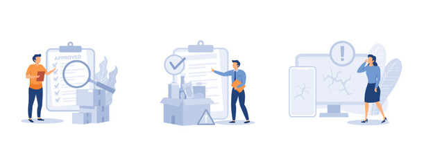 Product manufacturing. Product quality and safety control, defective product testing, customer feedback, inspection. set flat vector modern illustration