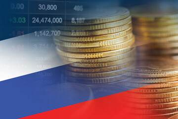 Russia flag with stock market finance, economy trend graph digital technology.