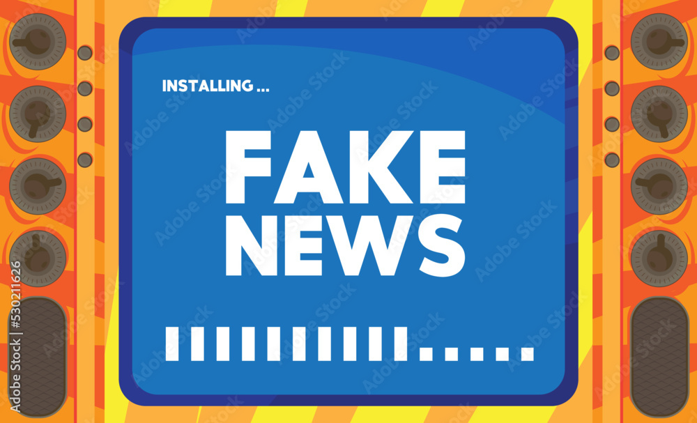 Poster cartoon computer with the word fake news. message of a screen displaying an installation window.