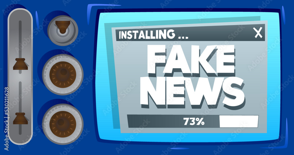 Poster cartoon computer with the word fake news. message of a screen displaying an installation window.