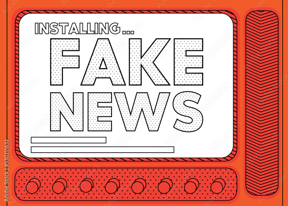 Poster cartoon computer with the word fake news. message of a screen displaying an installation window.