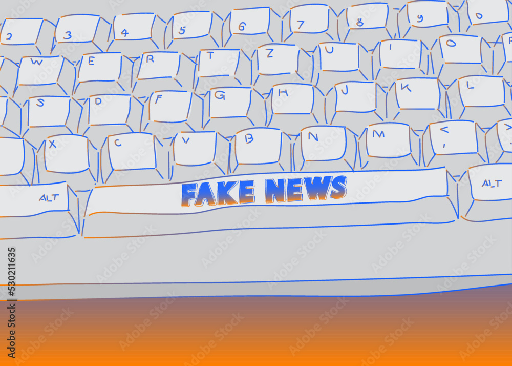 Poster computer keyboard with fake news text. close-up of an electronic computer device part, keypad.